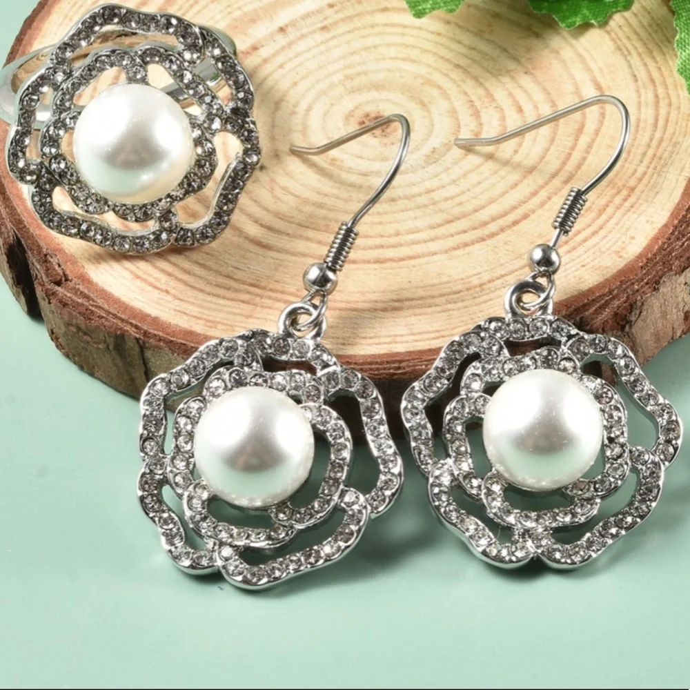 Simulated Pearl/ White Crystal Ring and Earring Set